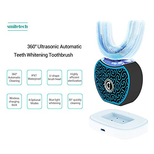 Smiletech Автоматско Четка за заби,Sonic Четка за заби, со LED Сина Светлина 360° U-Облик на Полна Уста Четка за заби Дизајн,