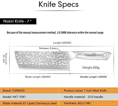 Turwho Професионални Nakiri Нож 7 Инчен - Класичен Дамаск шема Јапонски ВФ-10 Челик
