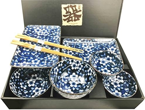 Направен во Јапонија Флорални Цвет Сина Мотив Керамички Суши Dinnerware 8pc Поставен За Две Состои Парови на Суши Чинии