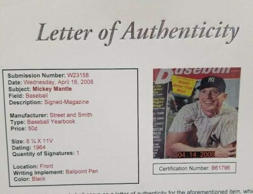 МИКИ МЕНТЛ Потпишан Autographed NEW YORK YANKEES Целосна СПИСАНИЕ.JSA ПИСМО - Autographed MLB Списанија